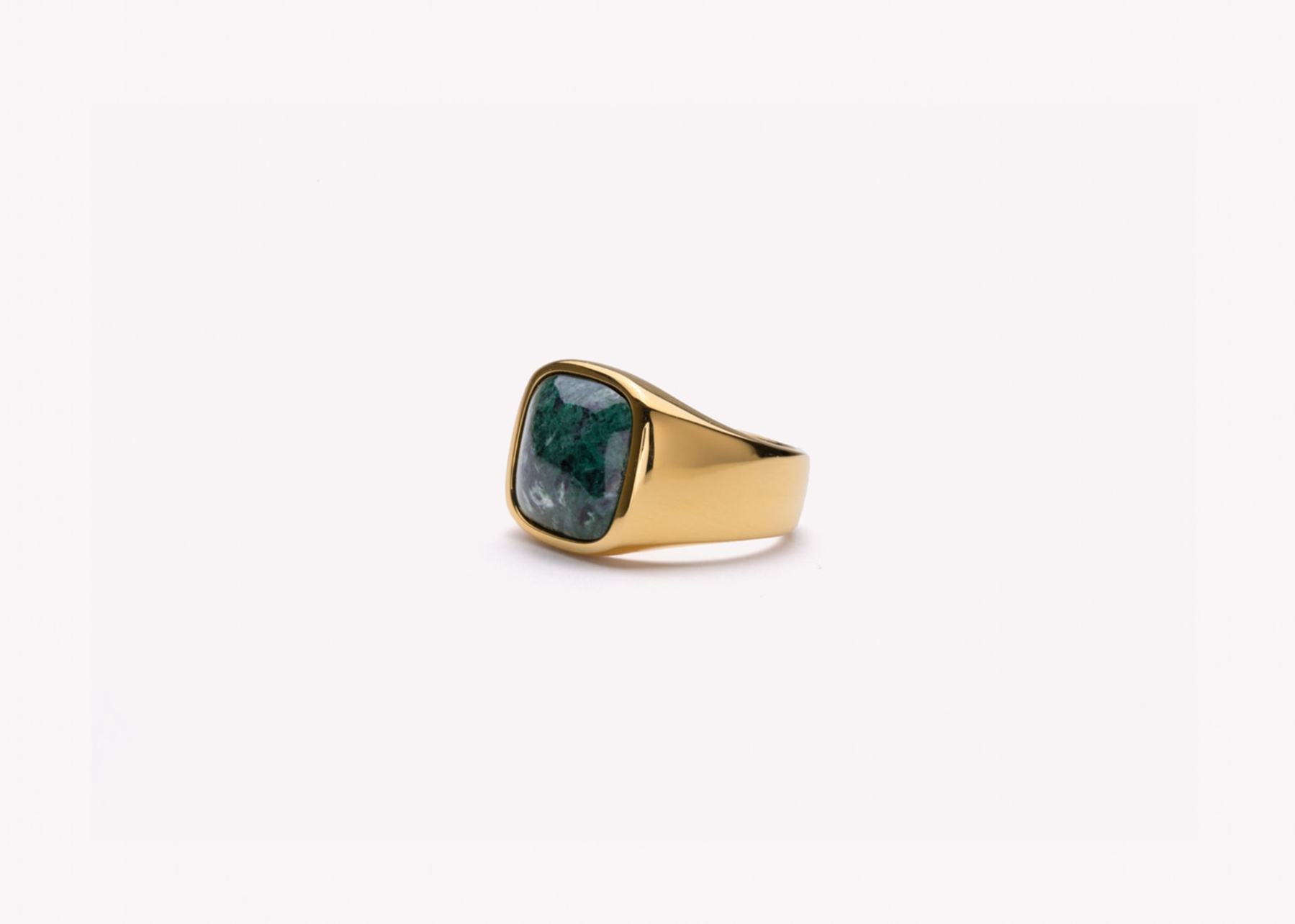  Cushion Signet Ring, Guld/Grøn Marble, 66
