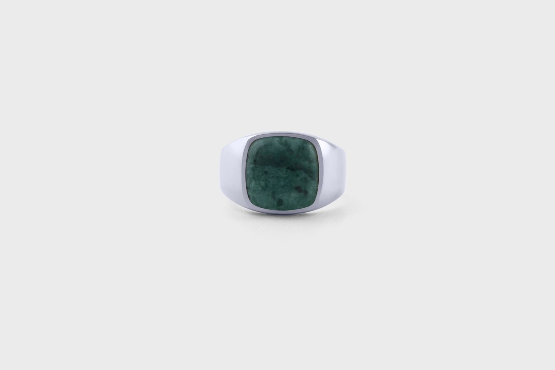  Cushion Signet Ring, Sølv/Grøn Marble, 58